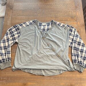 Umgee Sage Green and Navy Plaid Sleeve Blouse